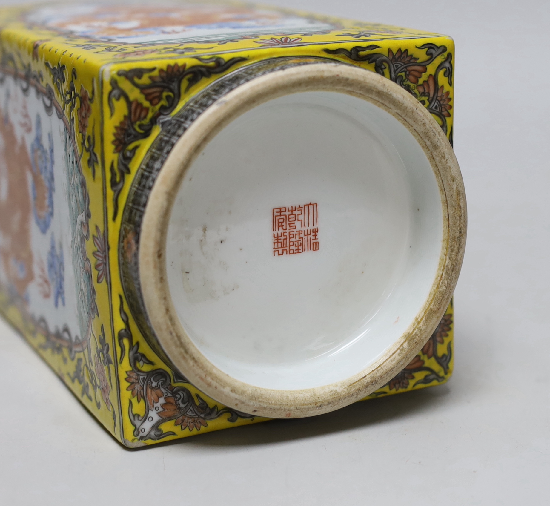 A Chinese enamelled porcelain cong-shaped vase, decorated with dragons chasing the flaming pearl, 29cm high
